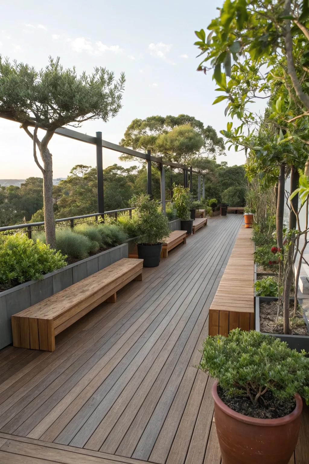 Integrated wooden benches that blend beautifully with the deck.