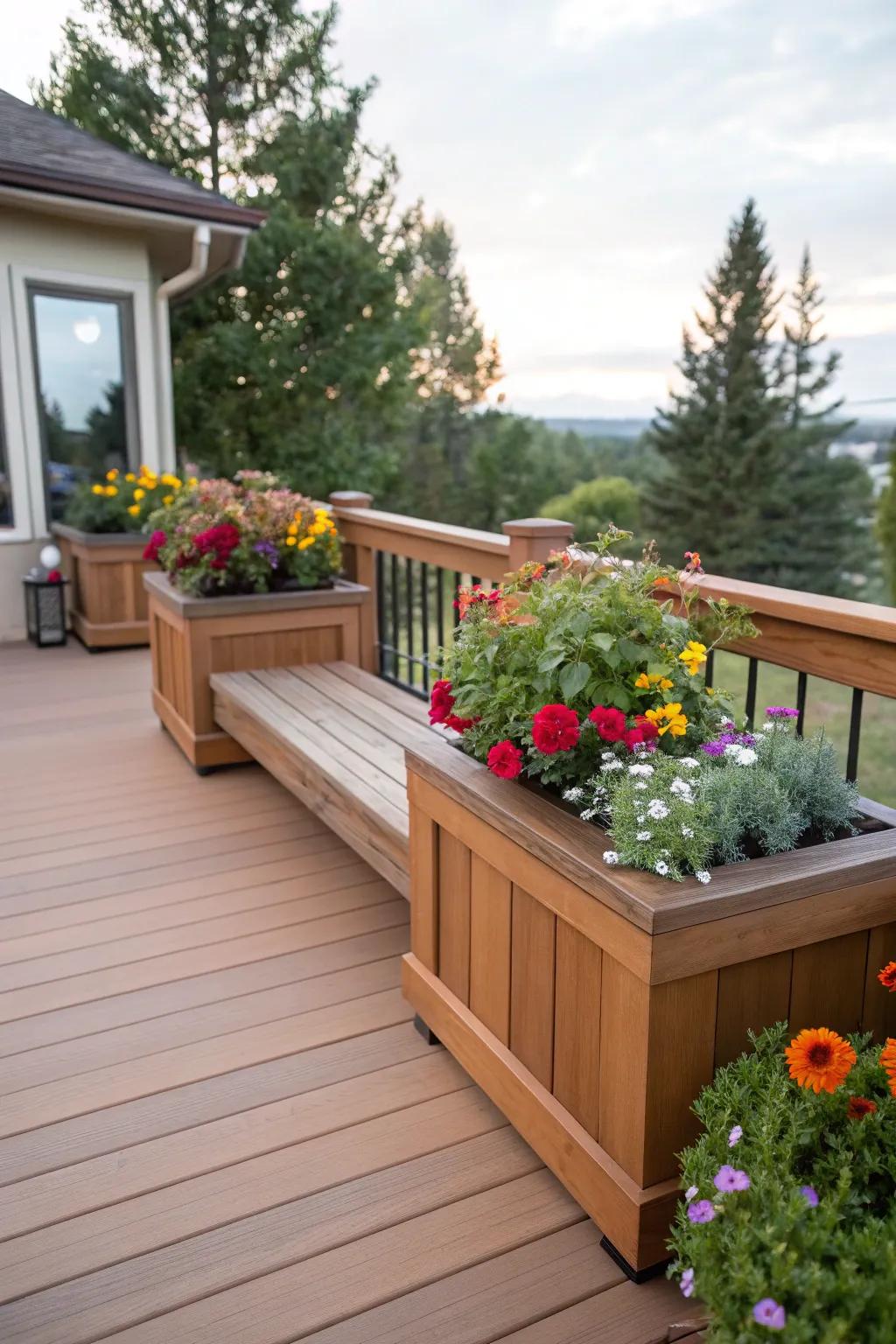 A savvy utilization of corner space featuring a seat and plantings.