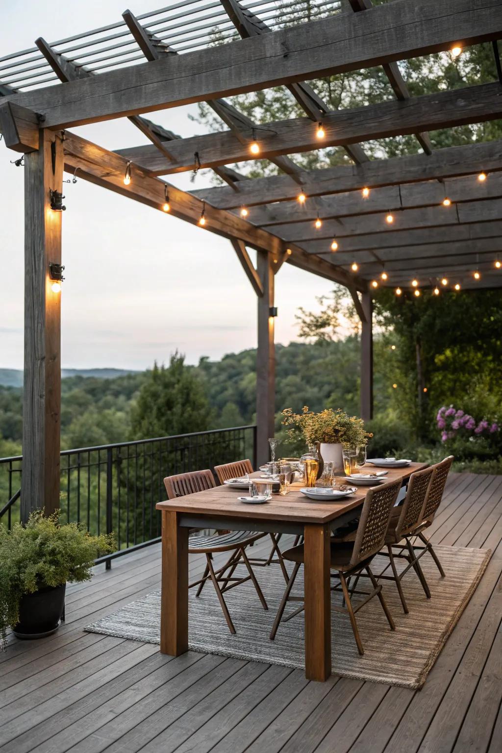 An inviting outdoor dining space beneath a pergola, perfect for social gatherings.