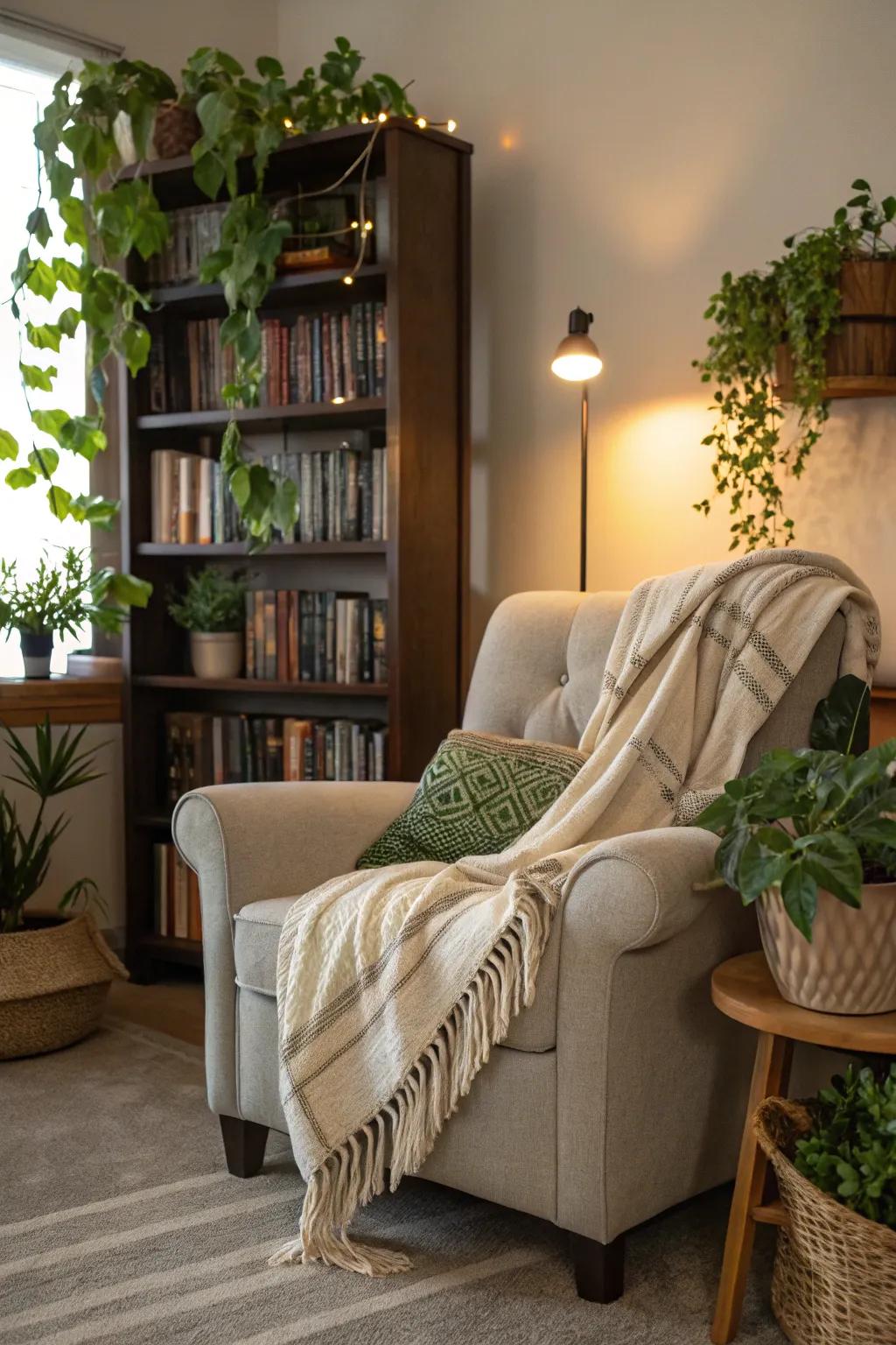 An intimate reading spot promotes relaxation and coziness.
