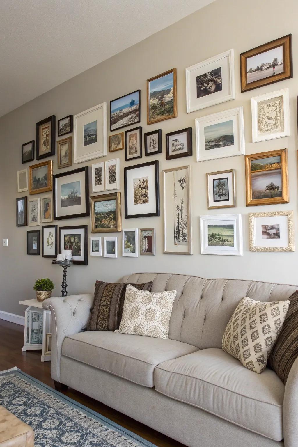 A gallery wall displaying a creative combination of picture frames for an individual design impact.