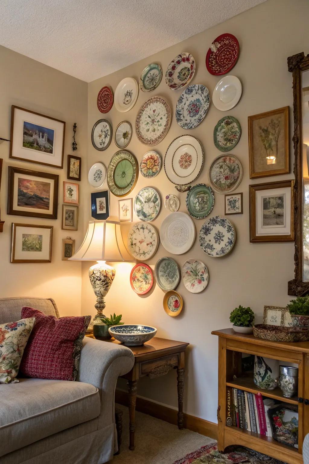 A diverse collection of vintage and contemporary plates makes for a remarkable gallery wall.