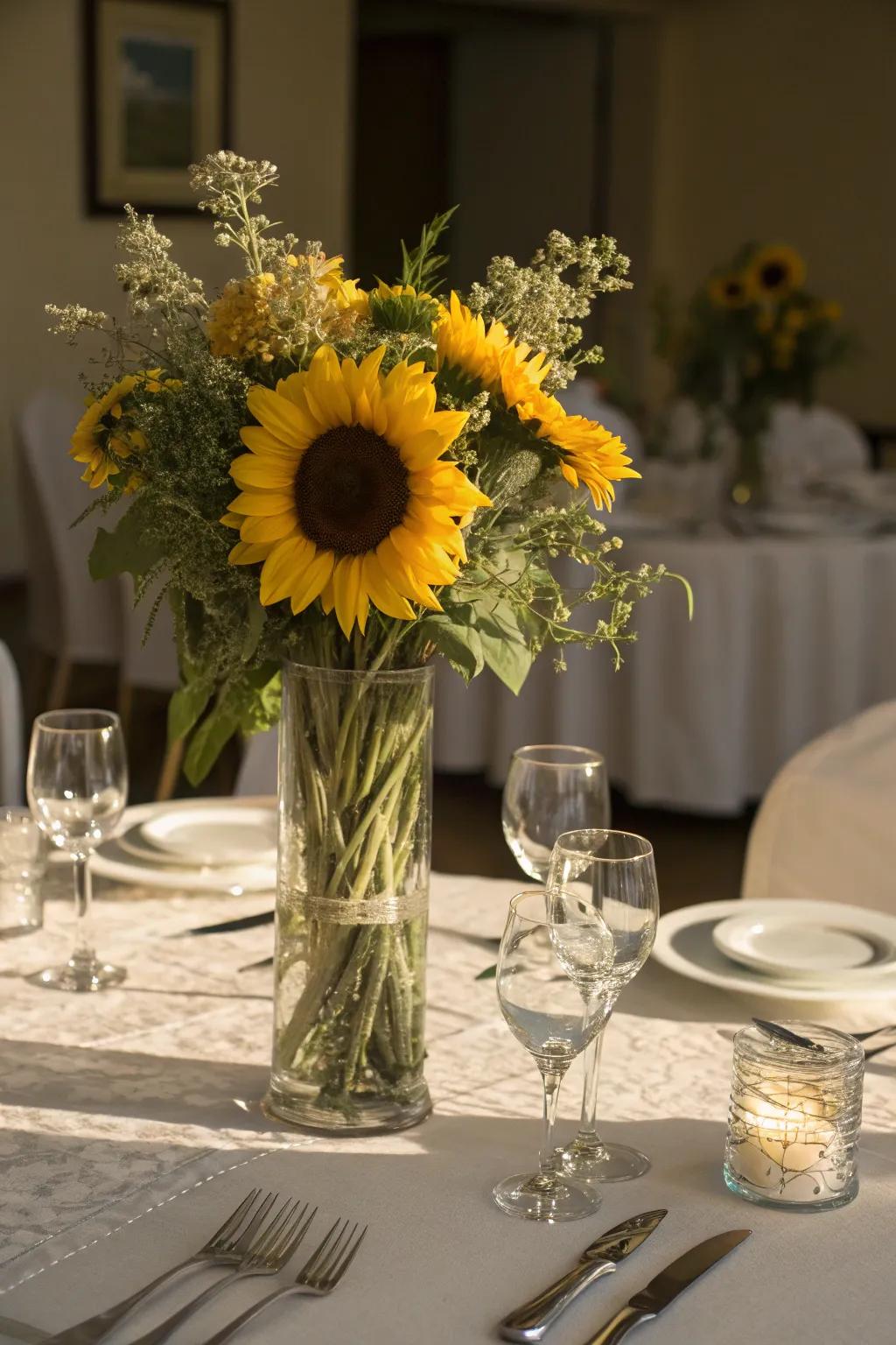 A captivating sunflower centerpiece can easily command attention as the heart of any dining space.