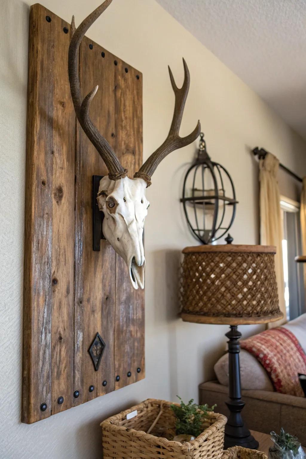 A backdrop of weathered wood accentuates the inherent charm of a deer skull display.
