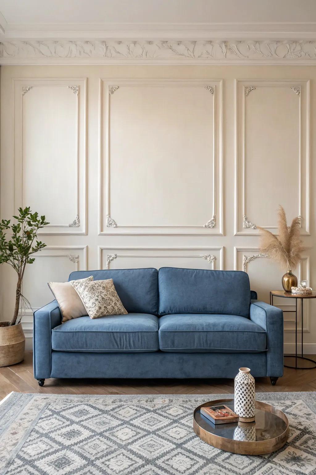 A cerulean couch serves as the focal point within a minimalistic design.