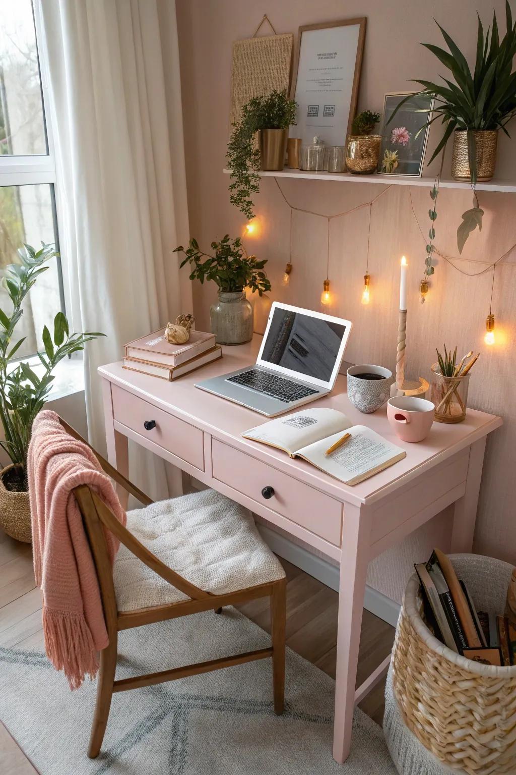 A gentle rose desk brings warmth and elegance to any workspace.