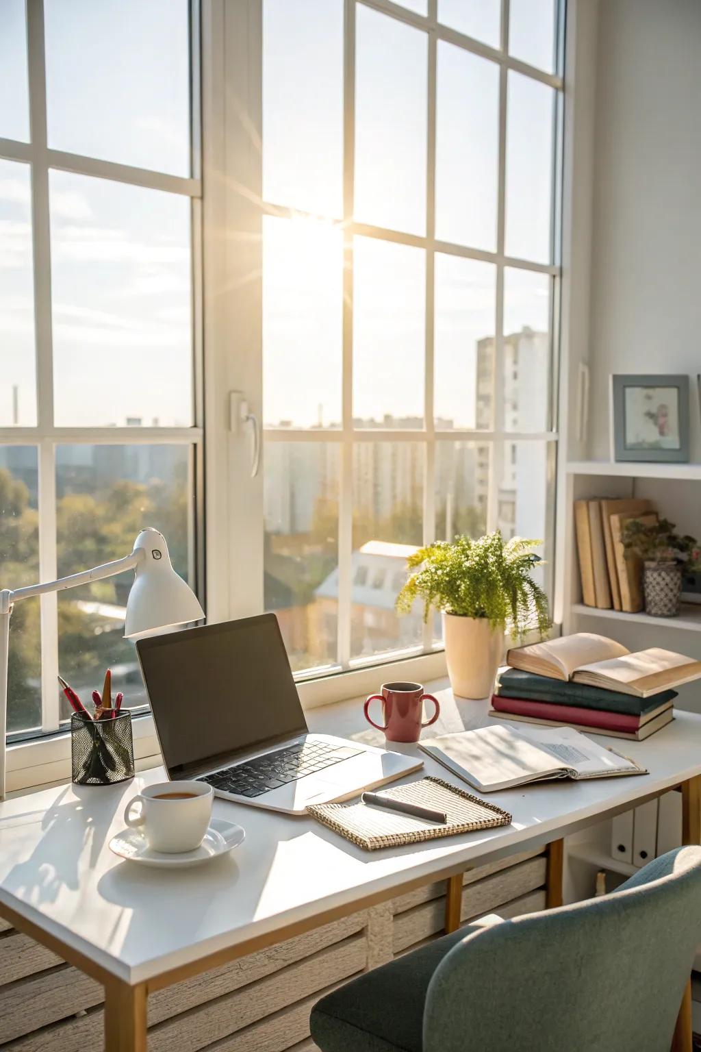 A well-designed desk setup harnesses natural light streaming through a large window.