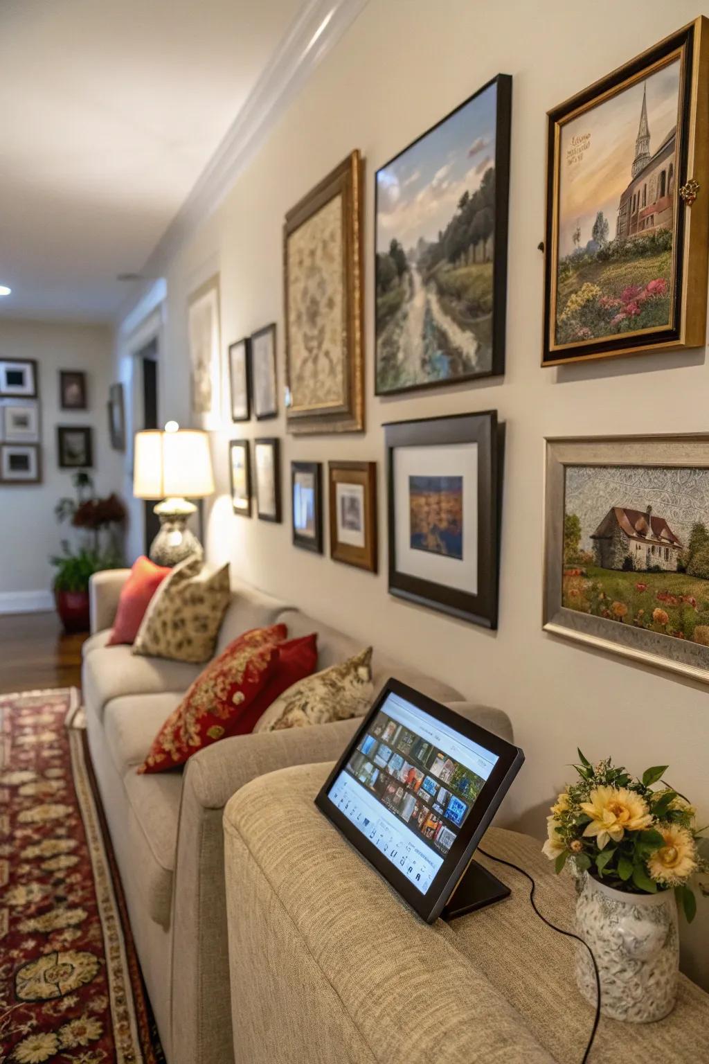 A captivating gallery wall showcasing a fusion of digital and conventional art.