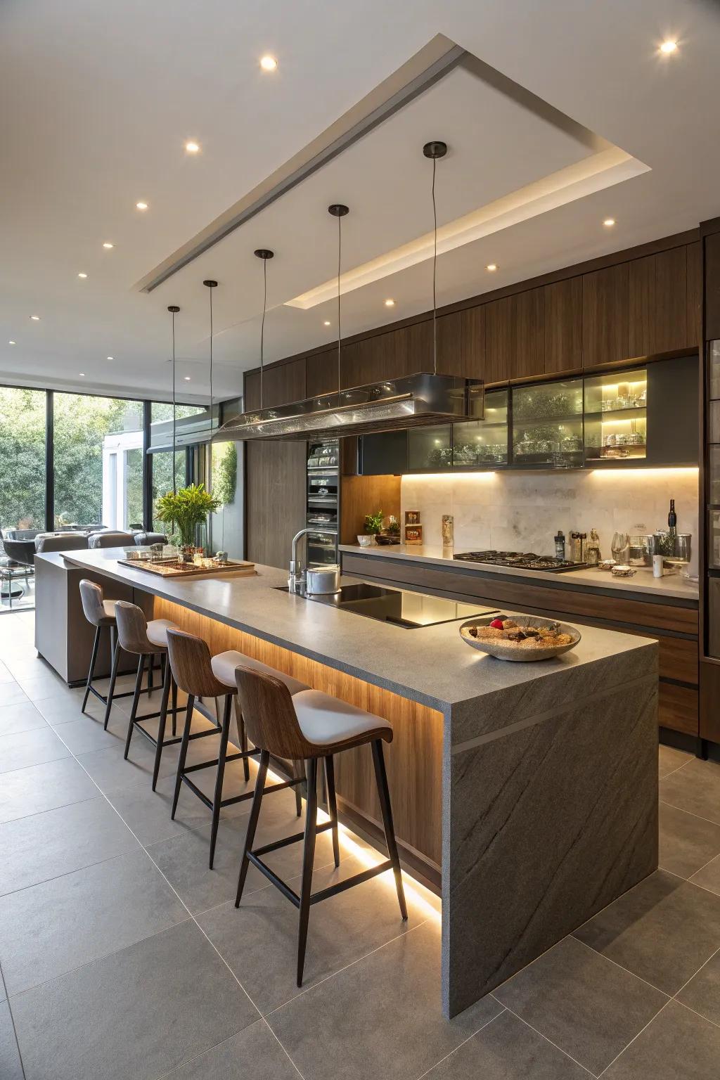 A kitchen island enhanced with seating provides a relaxed space for dining.