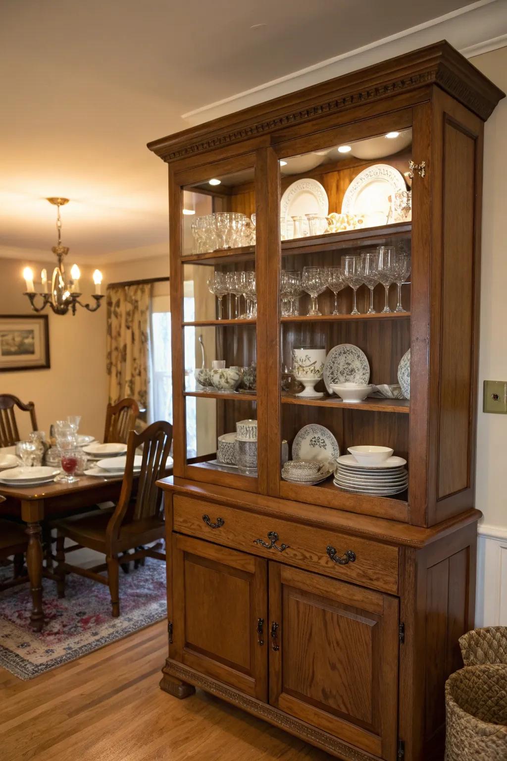 A timeless hutch enriches the dining space with its enduring appeal.