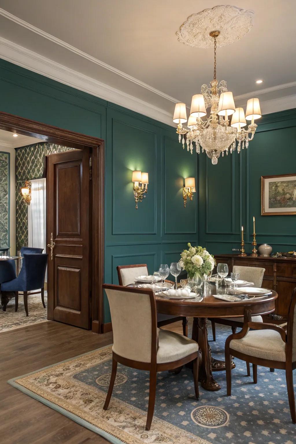 A dining room adorned in soothing blues and greens, fostering a serene ambiance.