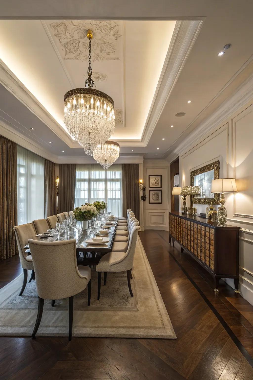A timeless chandelier contributes sophistication and panache to a dining area.