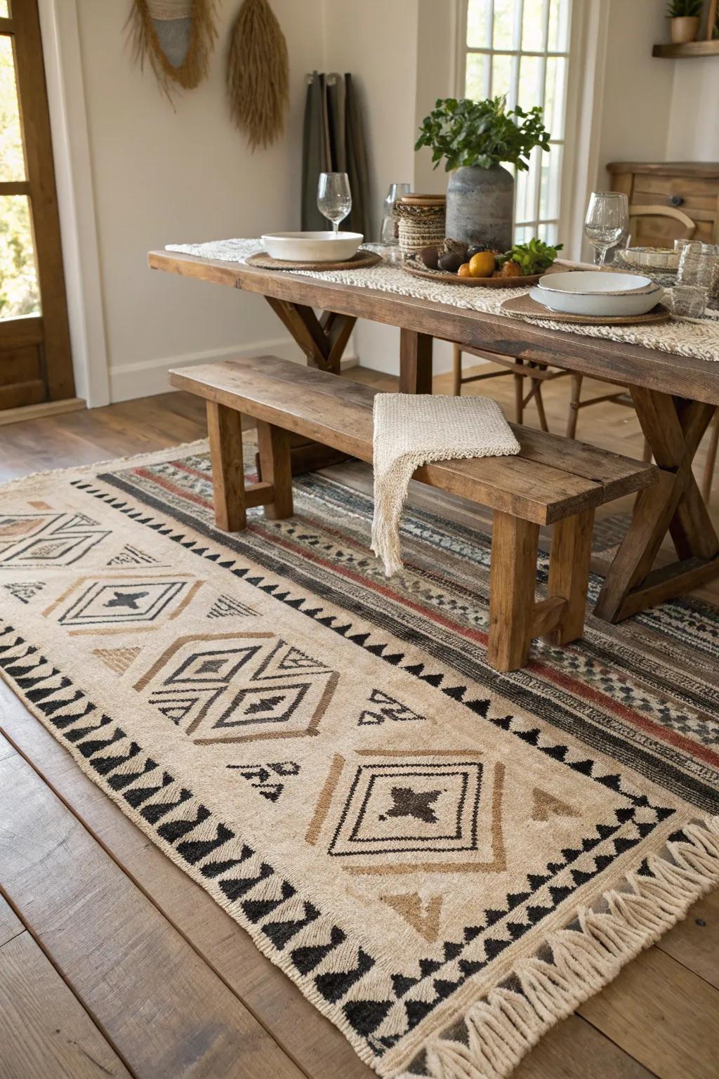 Achieving a tactile, cosmopolitan-inspired tableau through artful rug layering.