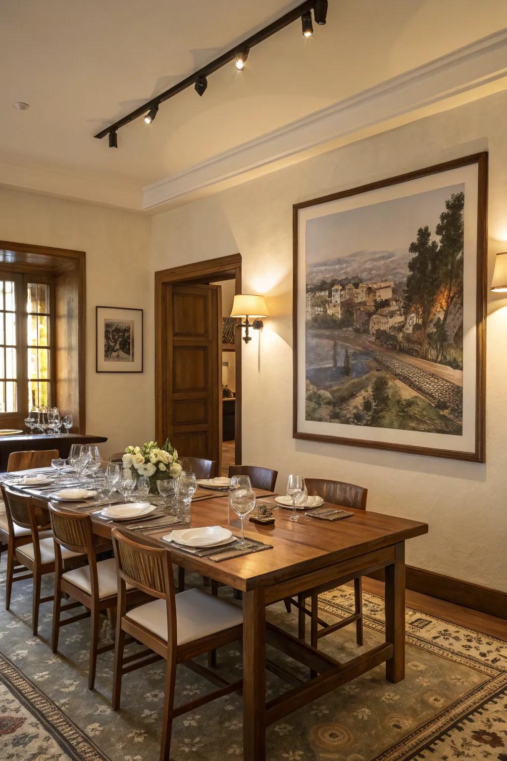 A grand, framed piece of art lends character to this dining area.