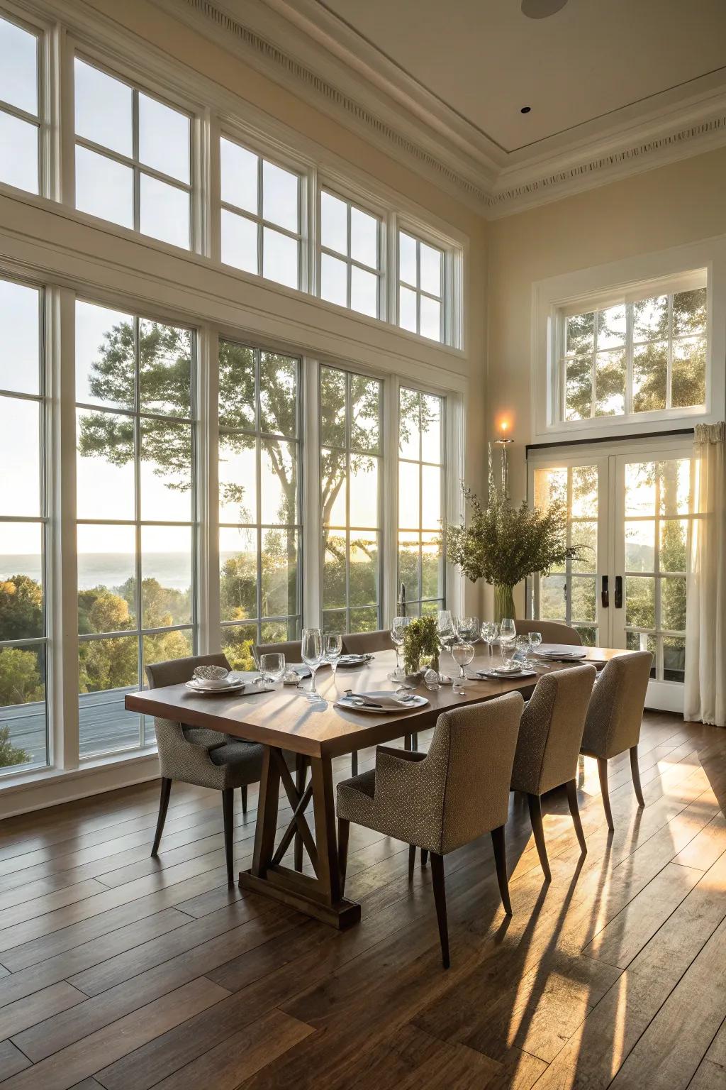 Expansive windows welcome natural light to illuminate your dining space.