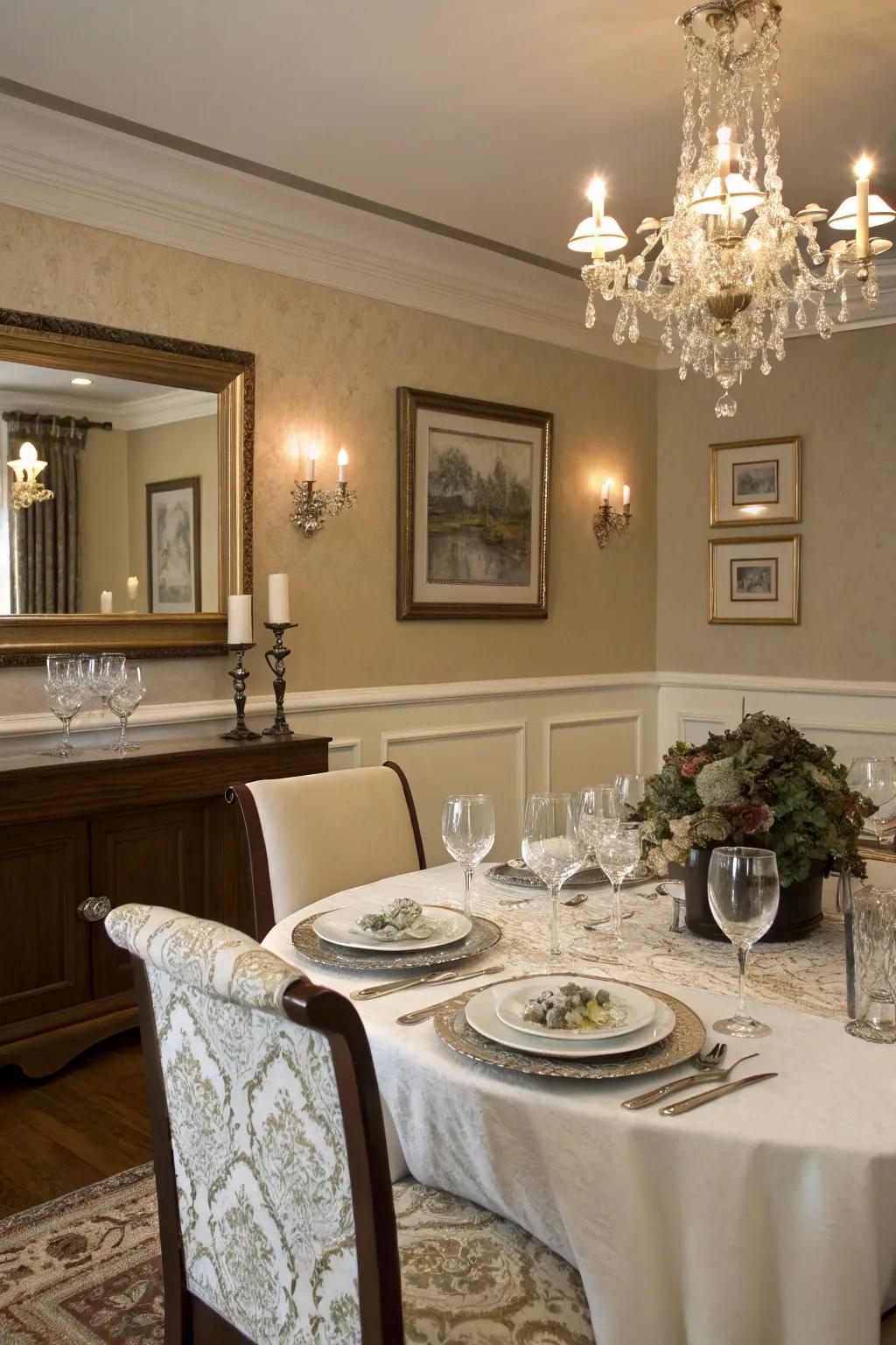 A quintessential two-tone color scheme introduces a note of sophistication to any dining area.