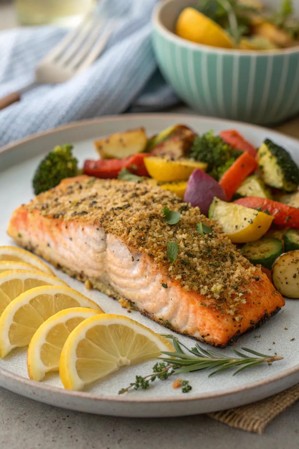 Herb-crusted salmon paired with roasted vegetables.