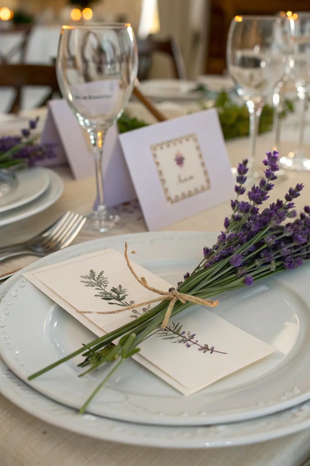 Enhance elegance with name cards adorned with lavender.