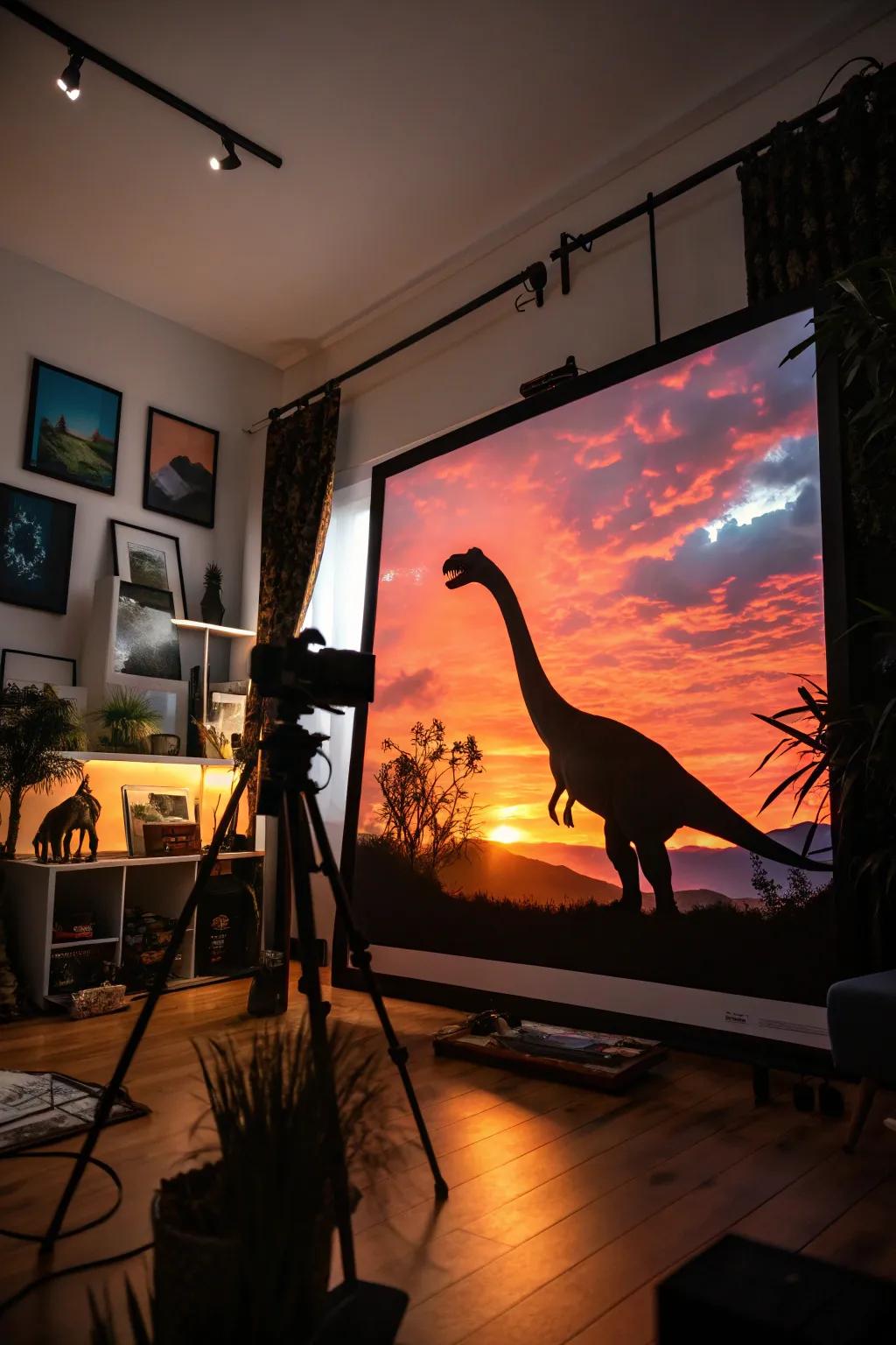 Artwork of a dinosaur outline complemented by an amazing sunset