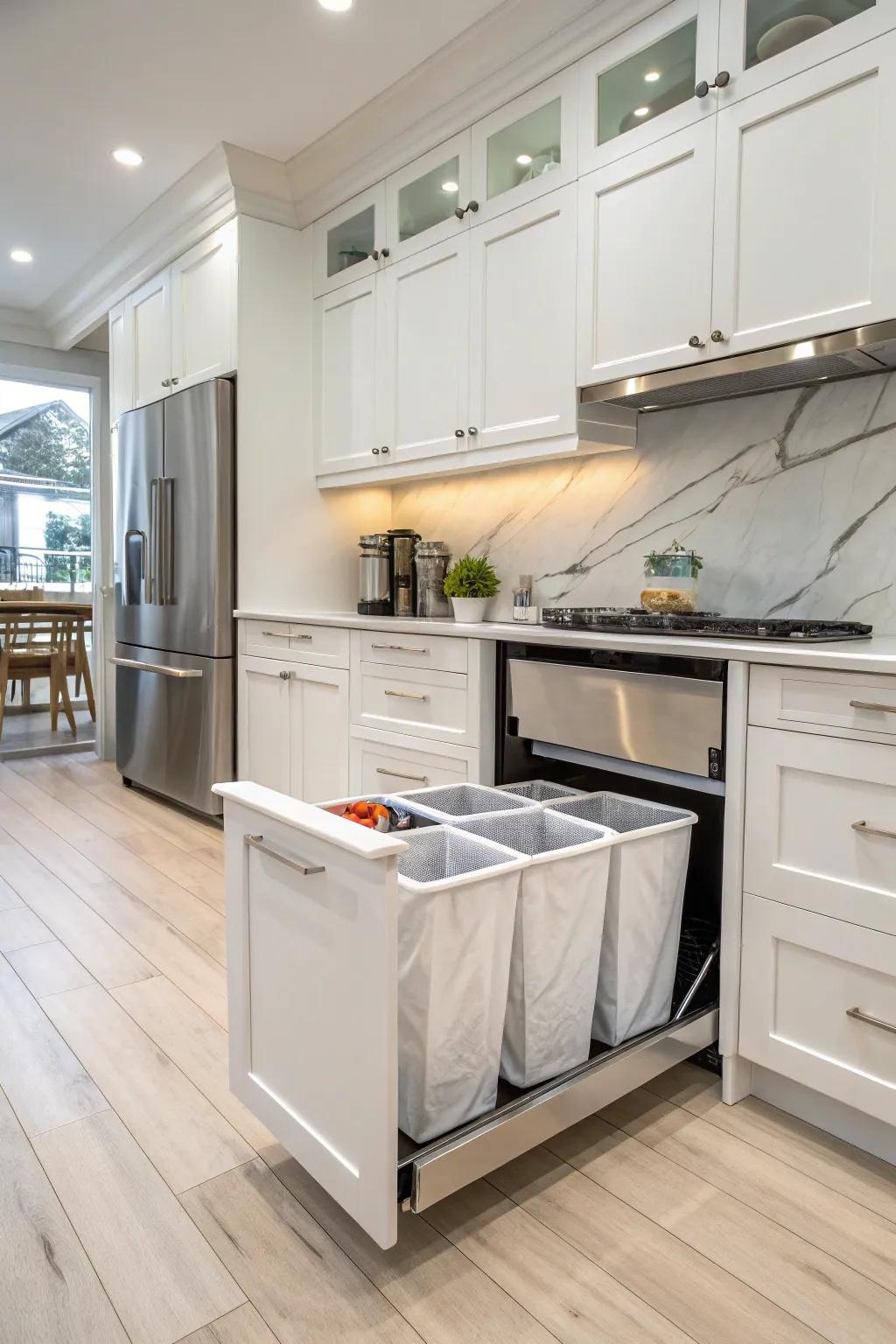 Bespoke cabinets are an elegant answer to hidden laundry containers.