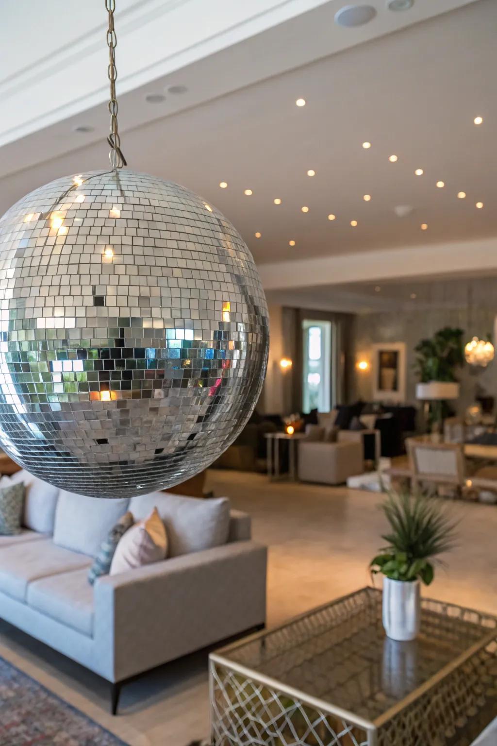 A magnificent disco ball centerpiece establishes a traditional dance floor atmosphere within a sophisticated living space.