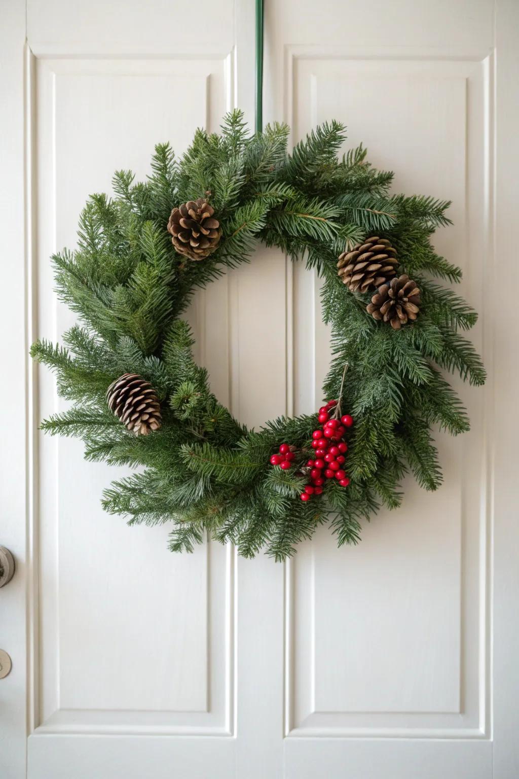 Savor the tranquil allure of a meticulously crafted Christmas wreath, where unpretentious design harmonizes with festive magnetism.