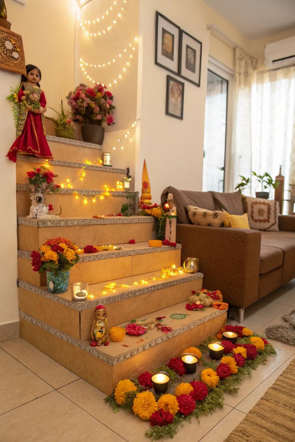 Cardboard platforms exquisitely embellished for a celebratory Golu presentation.
