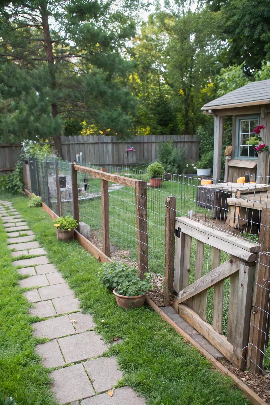 A countryside-inspired wood and wire fence provides visibility and security for your pet.