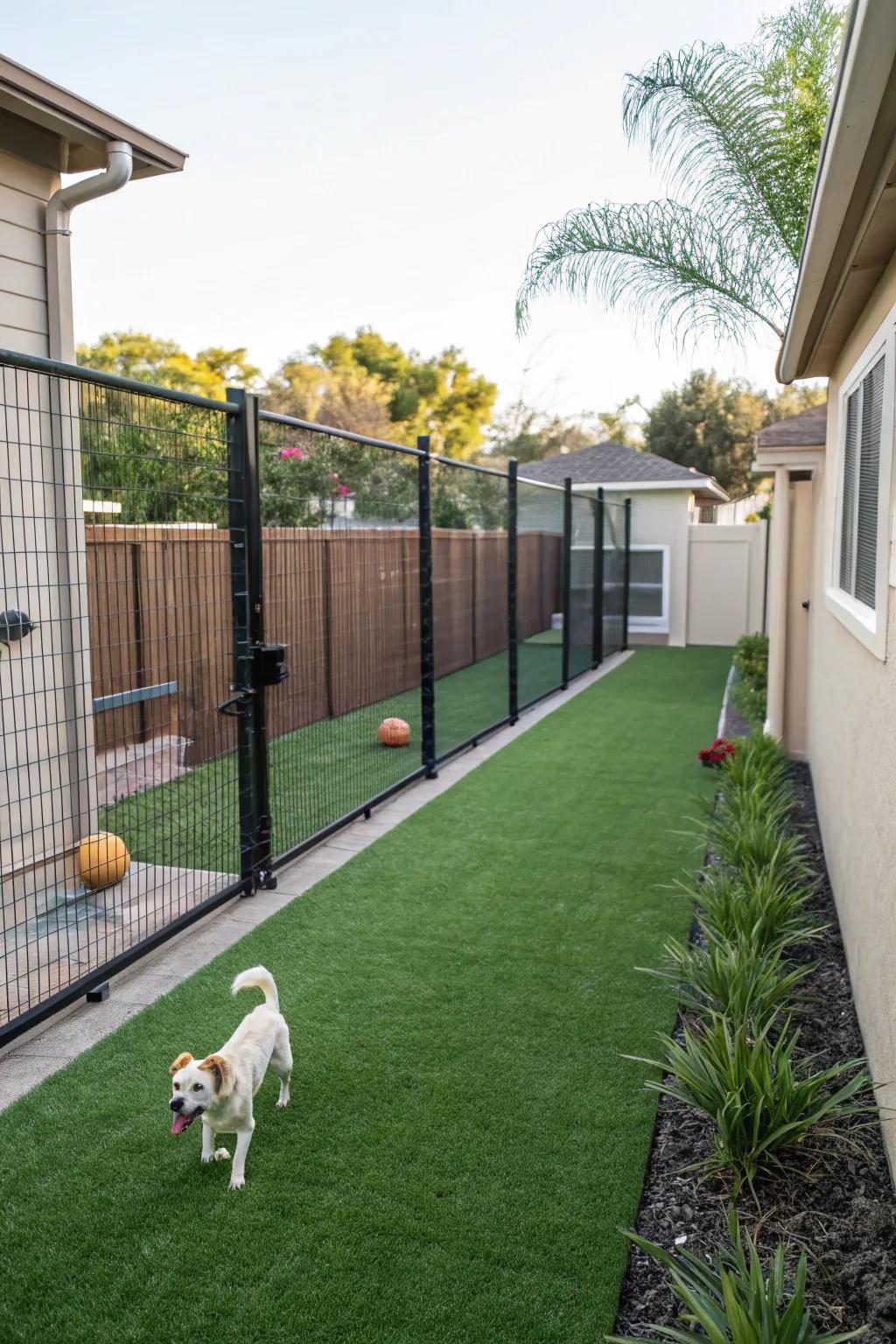 Artificial turf keeps your dog's play area lush and mud-free.