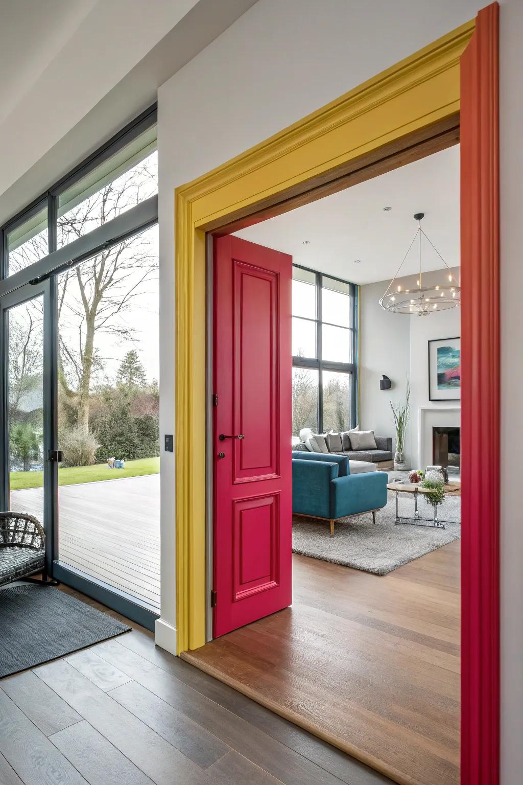 Vivid door trim introduces a burst of color to this contemporary living environment.