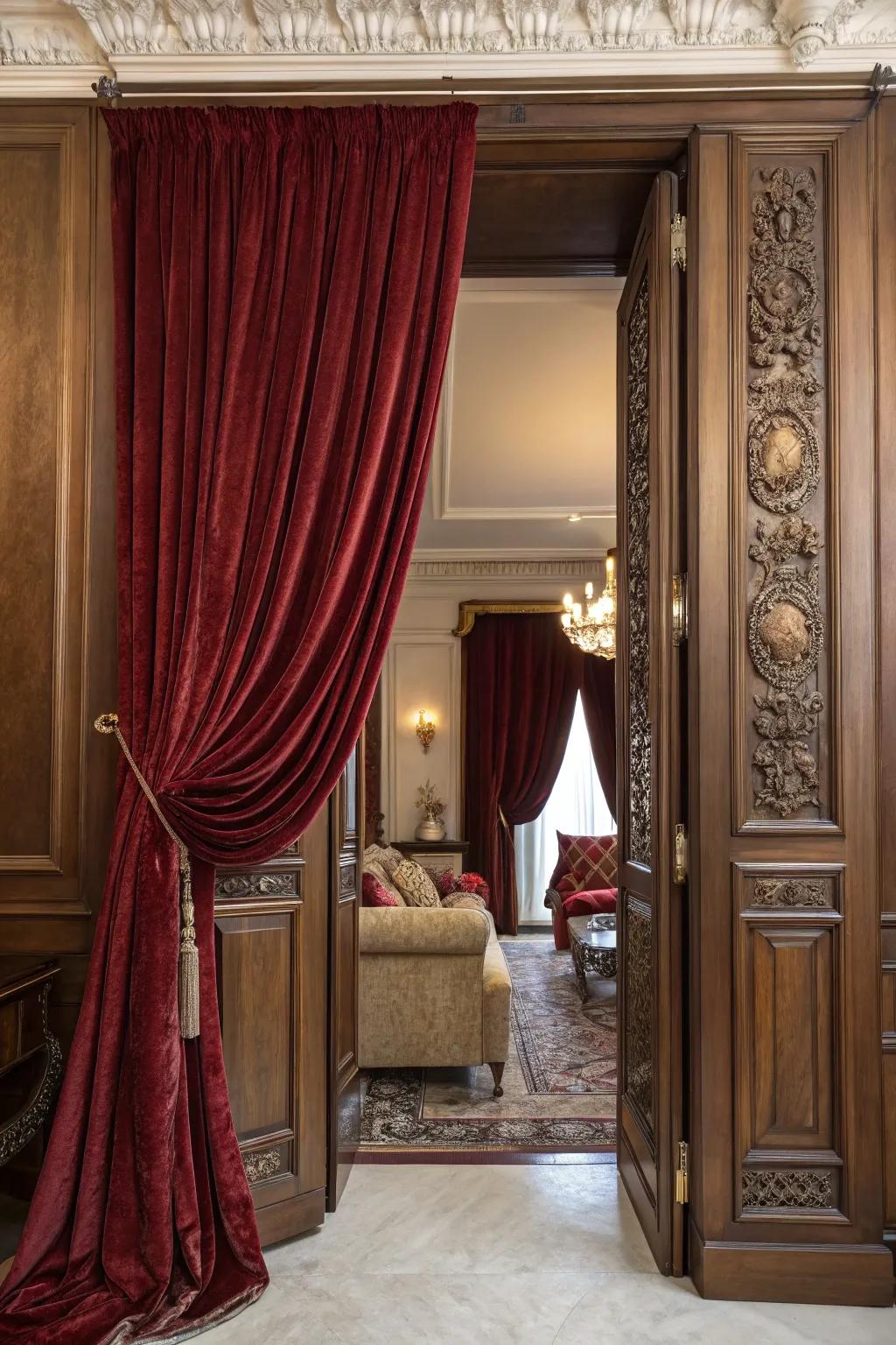 A sumptuous velvet drape enriches the opulence of a living space.