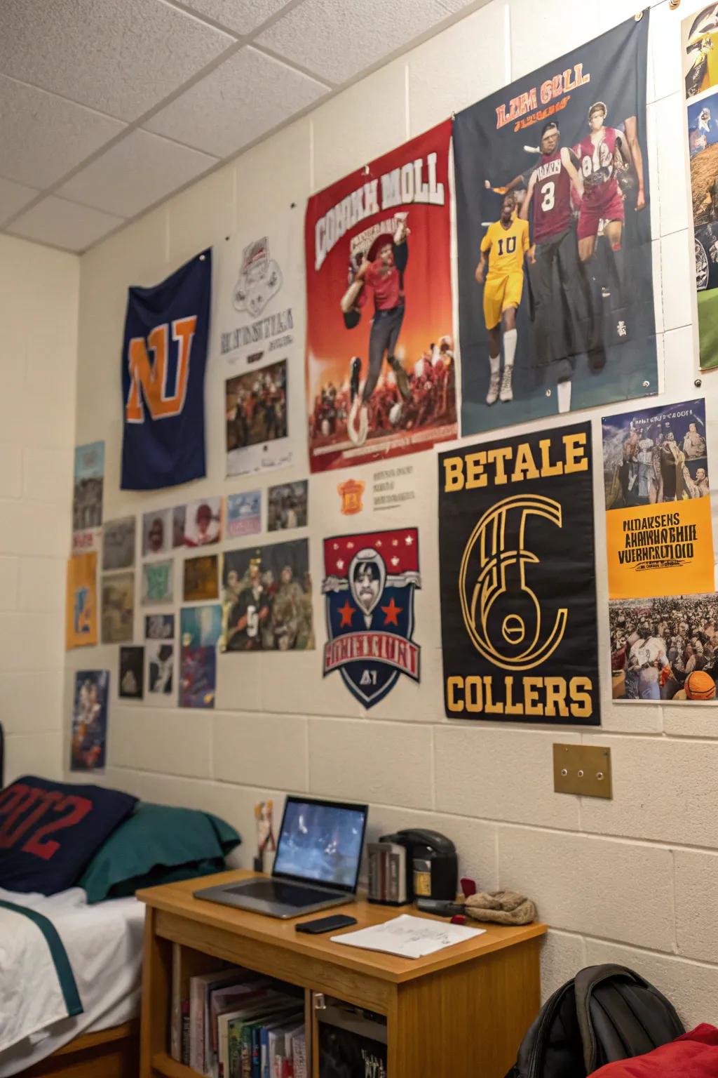 A university residence displaying sports and music posters, highlighting individual interests.