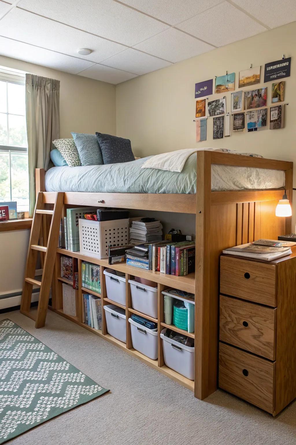 Use your dorm area with effective under-bed storage options.
