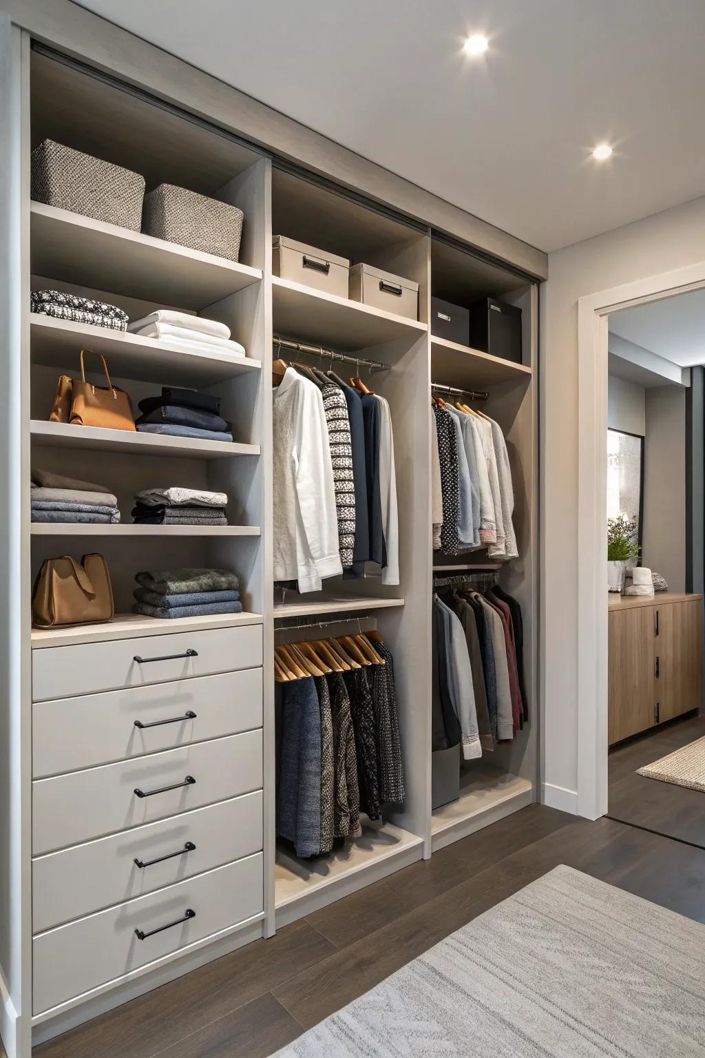 A thoughtfully designed double closet showcases a harmonious blend of open shelving and hanging space, ideal for optimal arrangement.