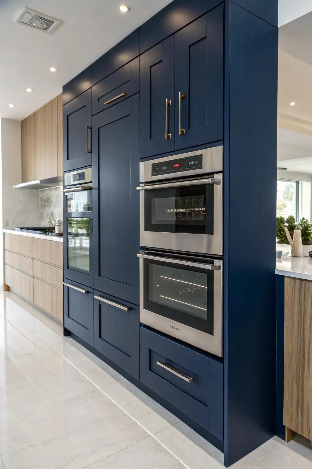 A vertical dual oven cabinet boasting a sophisticated navy blue finish, adding richness and refinement.