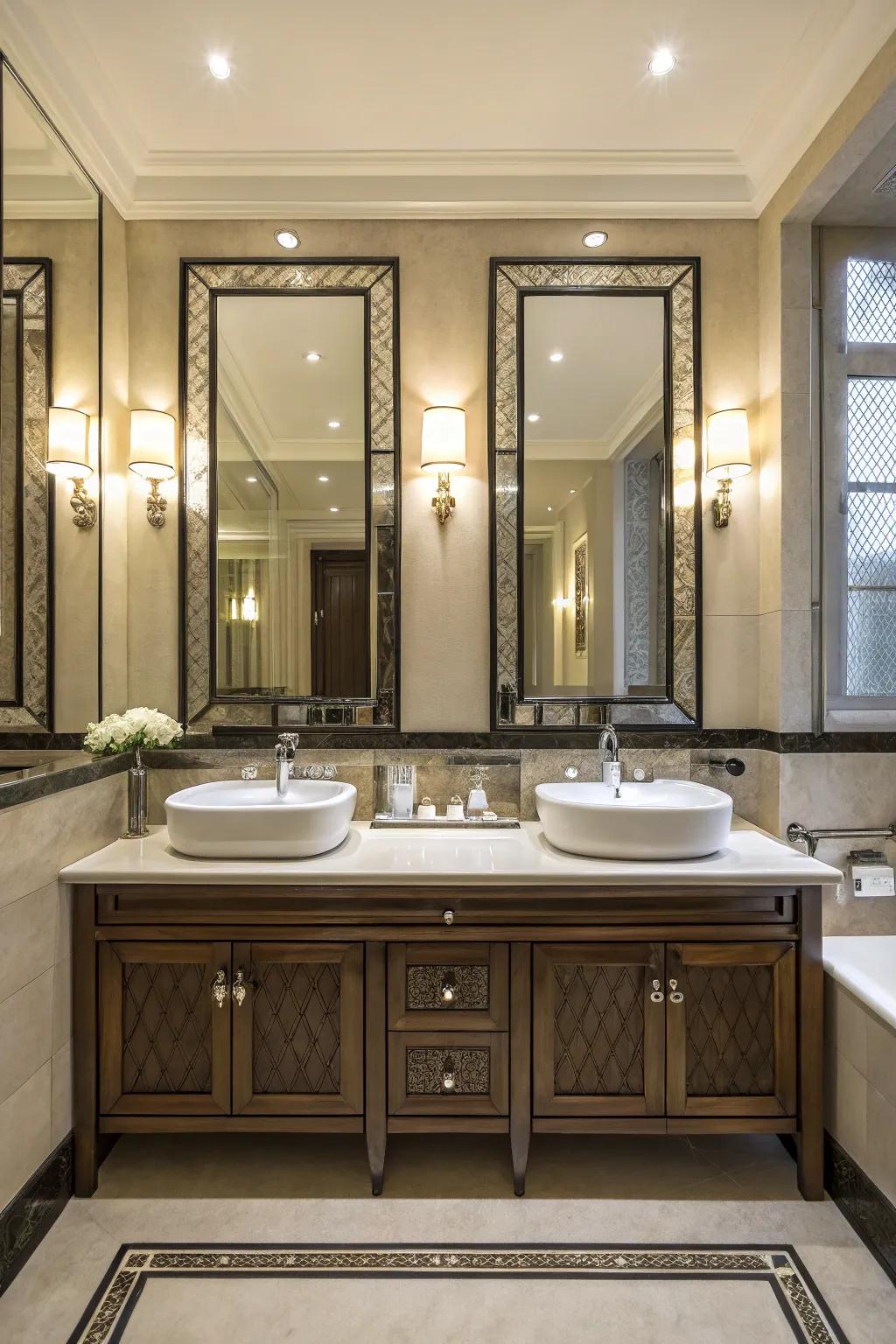 A perfectly symmetrical double vanity showcases matching elements.