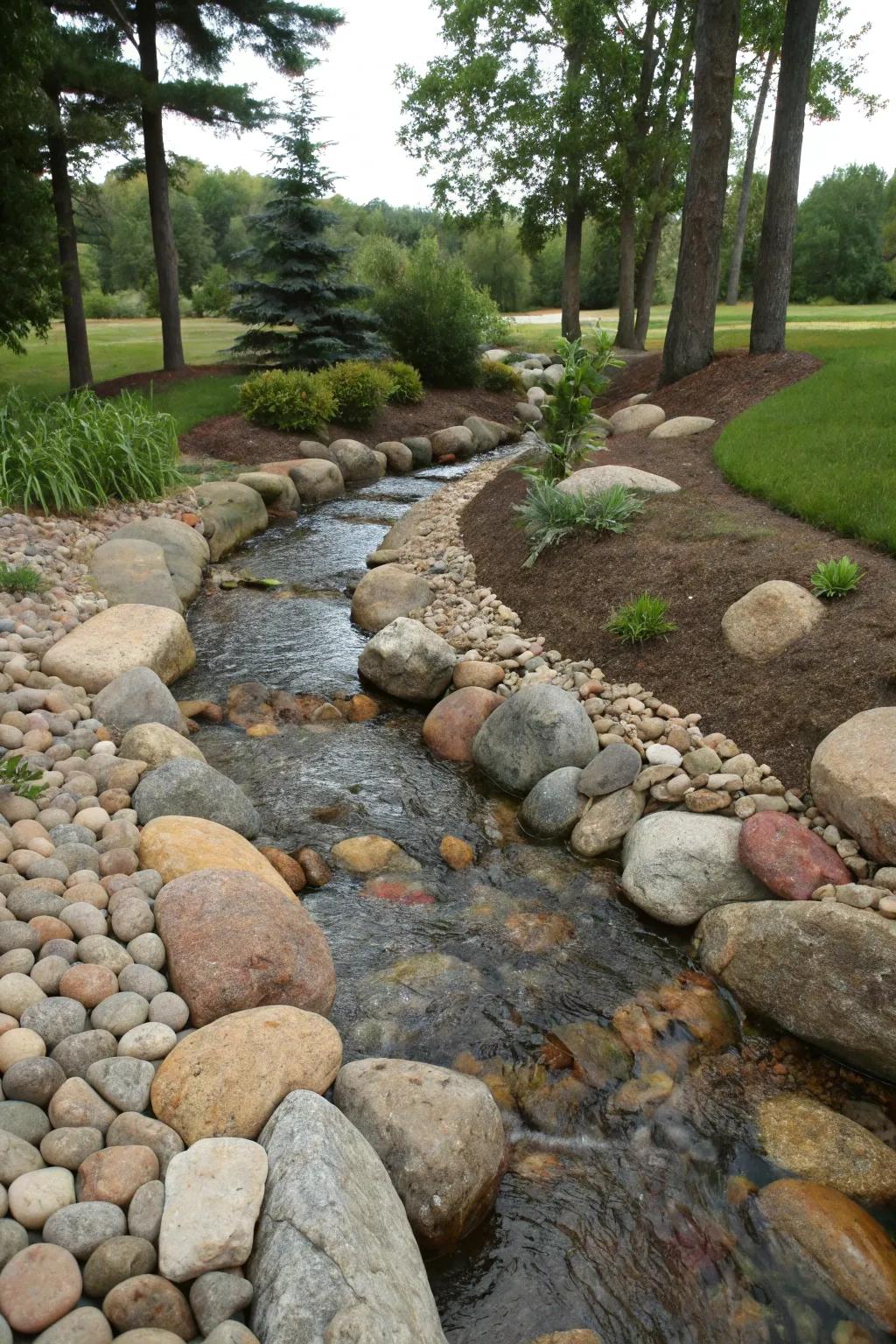 Natural stones elegantly and effectively guide water in this drainage swale.