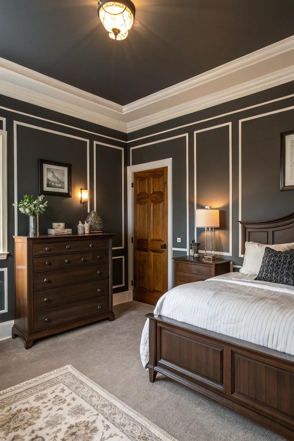 Walls in deep charcoal establish a sophisticated ambiance in this striking bedroom.