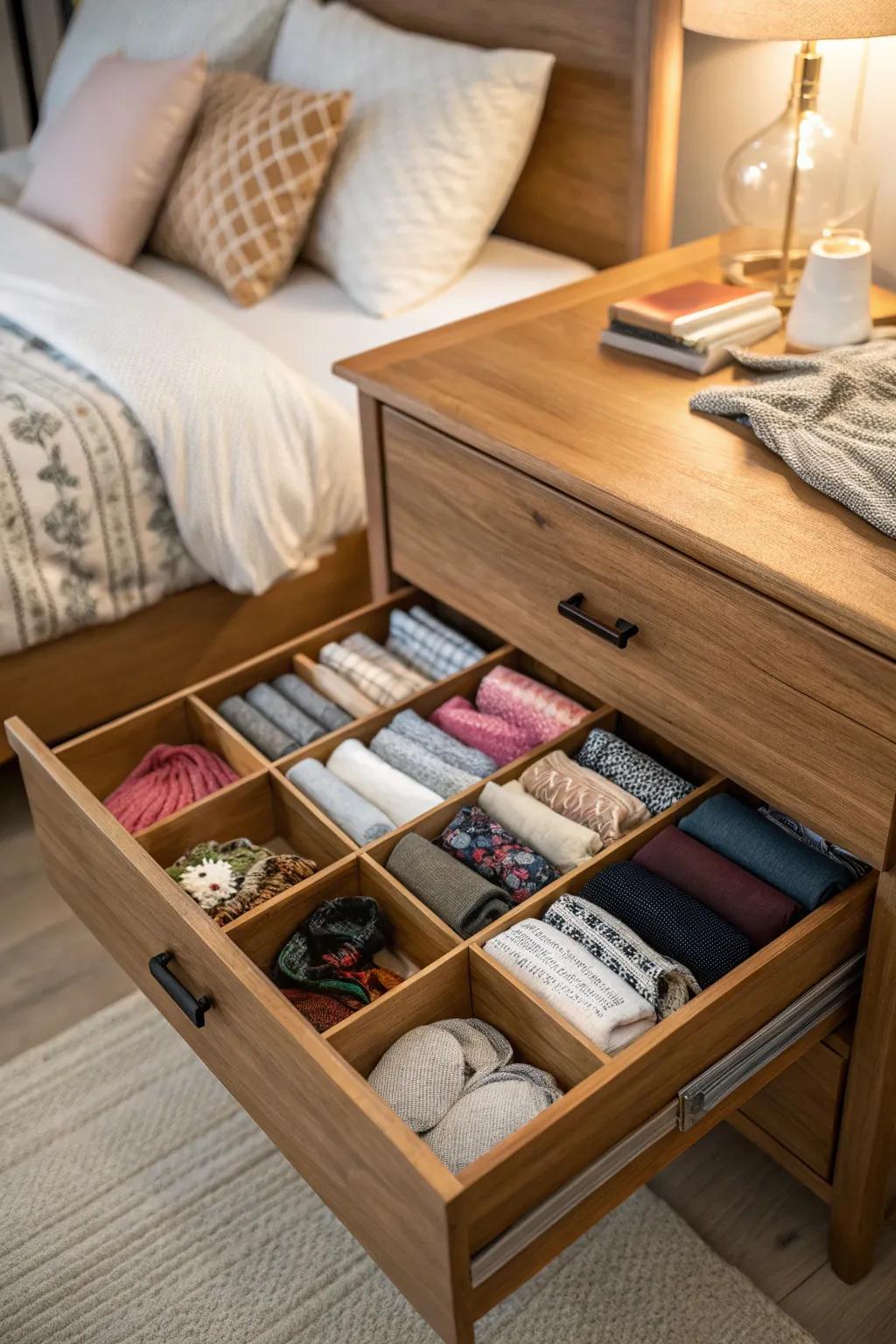 Drawer dividers neatly arranging socks and accessories.
