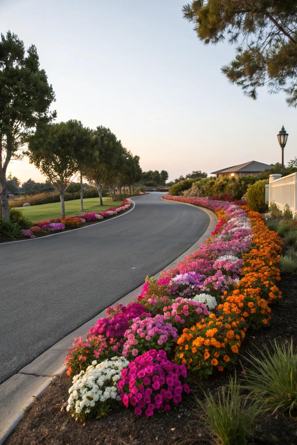 A blossoming rampart infuses this driveway with color and charm.