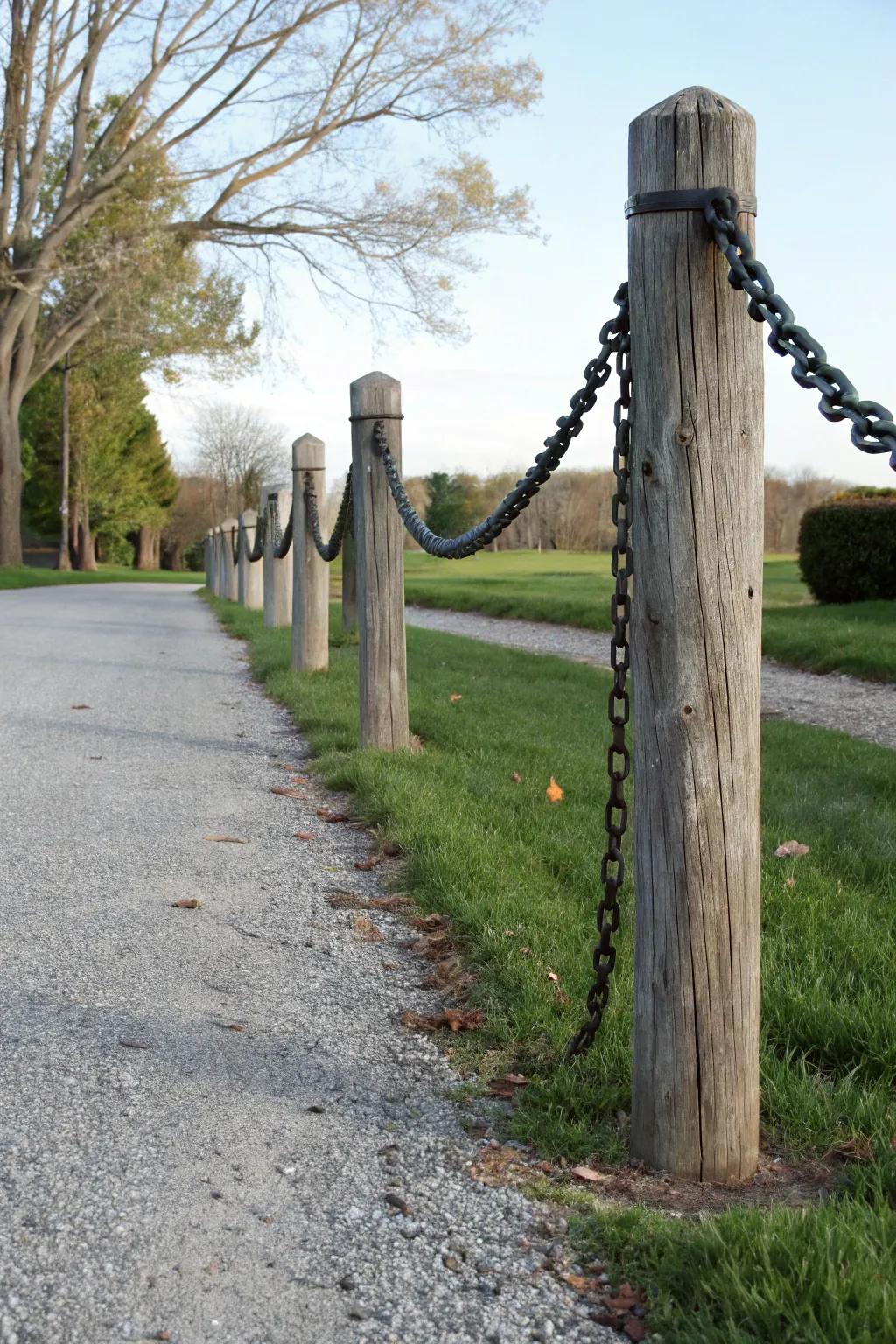 Classic timber posts paired with a black chain for a rustic accent.
