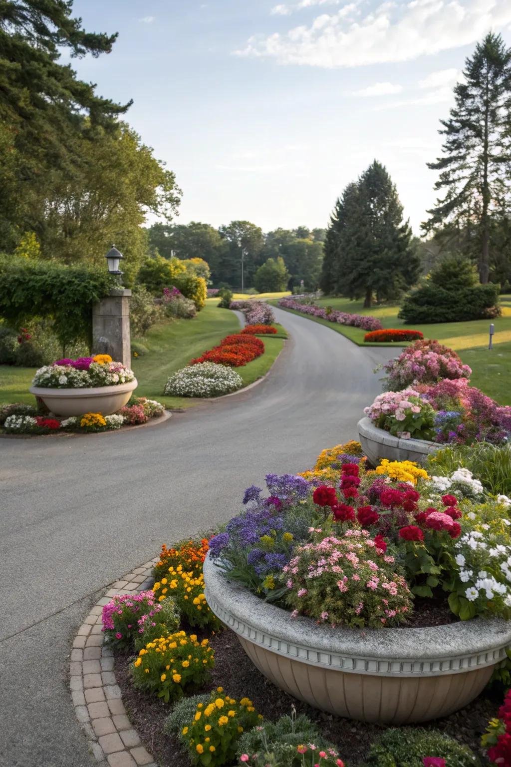 Rounded floral displays introduce a burst of color and allure to your driveway entrance.