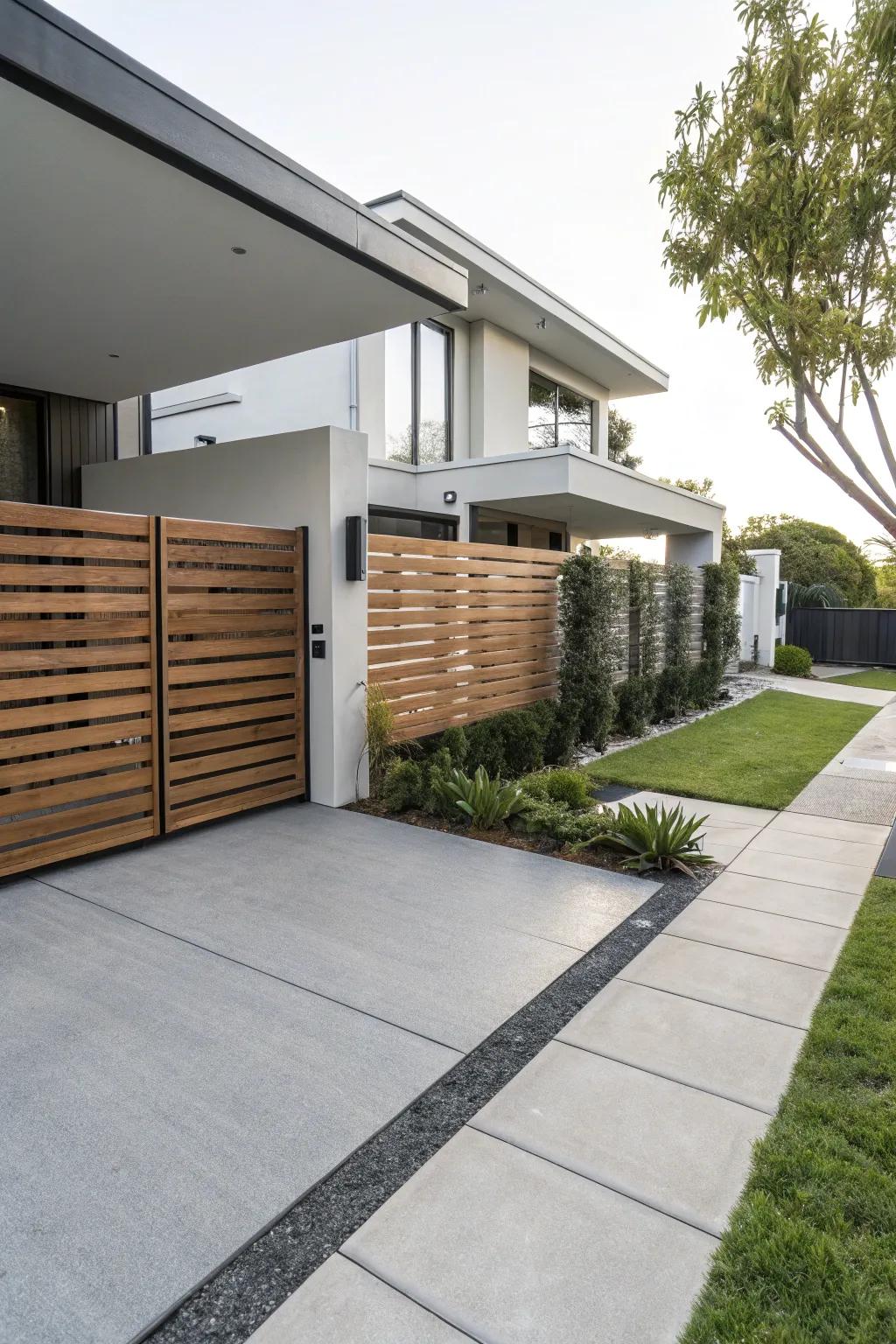 Contemporary linear wood paneling delivers a refined look for your driveway.