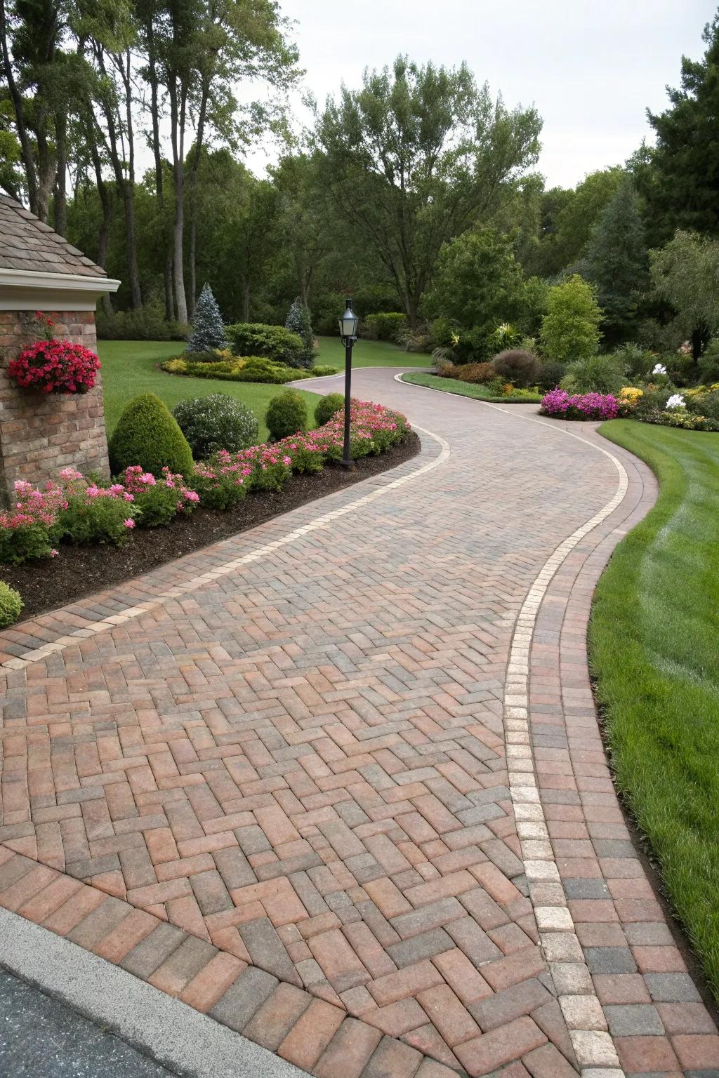 A quintessential herringbone layout imparts enduring charm to any driveway.