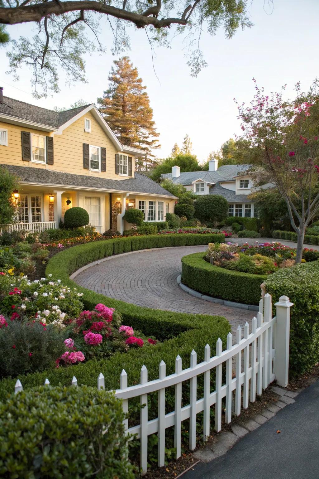 A classic circular driveway featuring a beautifully landscaped center.