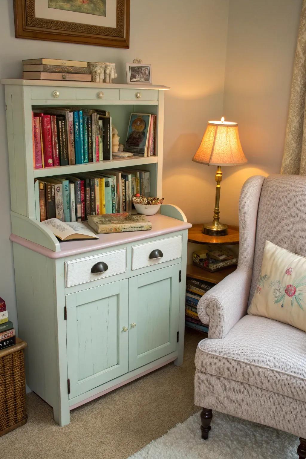 A restored vintage washstand painted in soothing hues, a perfect complement to a reading nook.