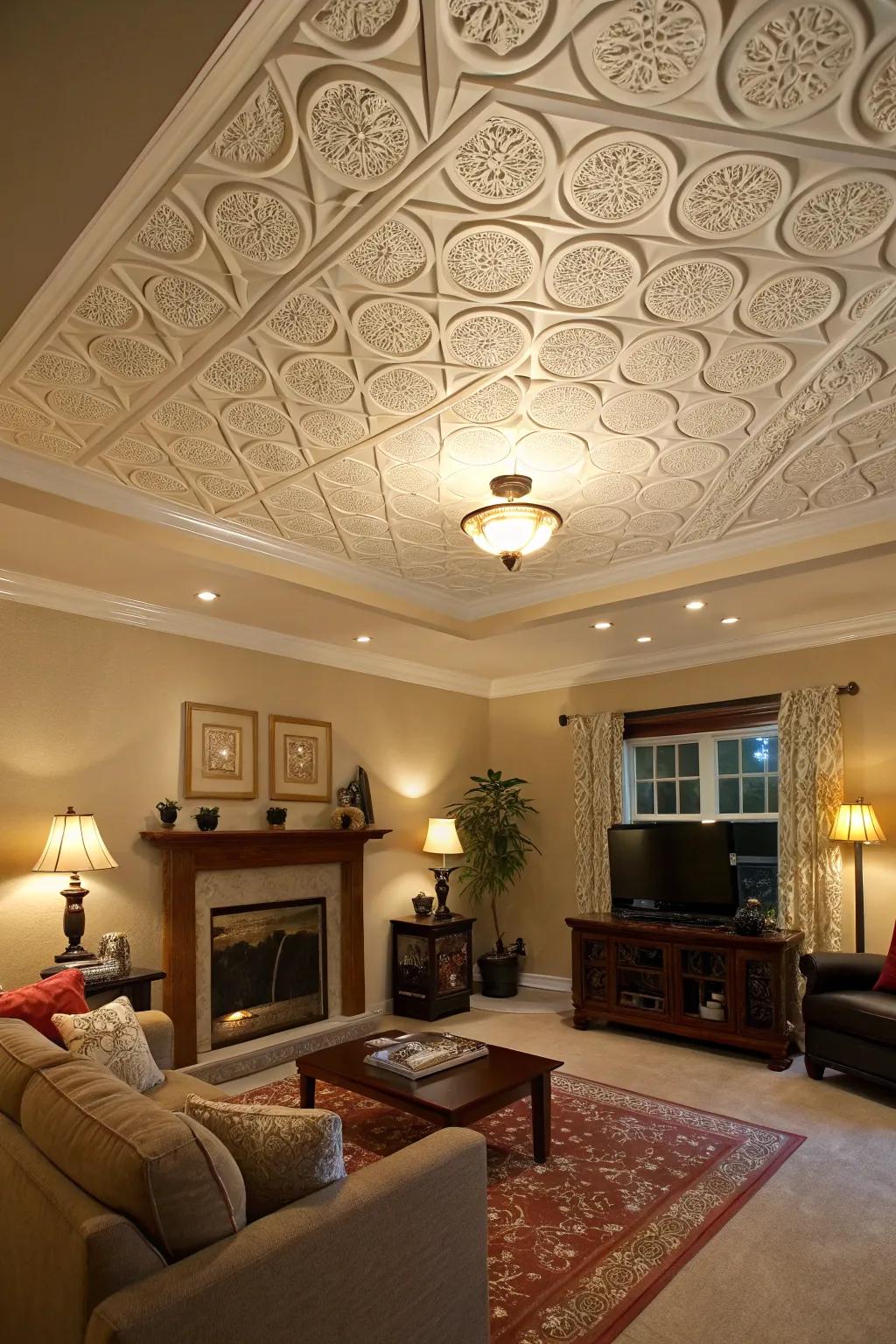 Modern elegance is brought to your space by geometric ceiling patterns.