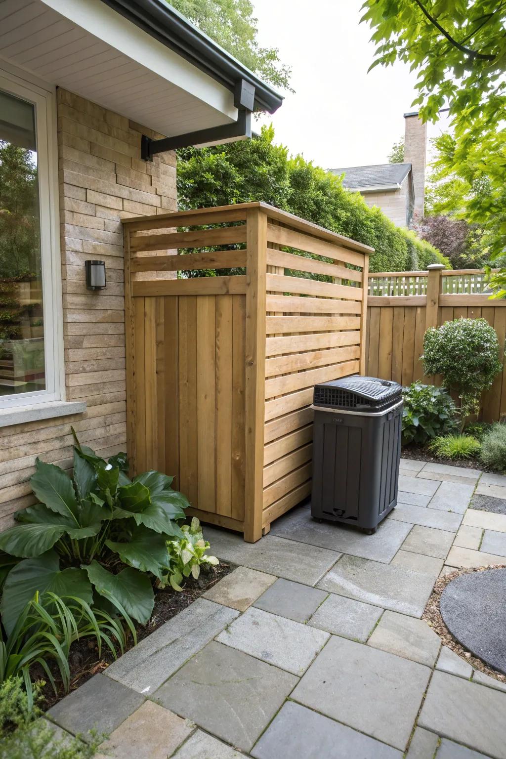 A timber surround presents an elegant solution for concealing refuse containers.
