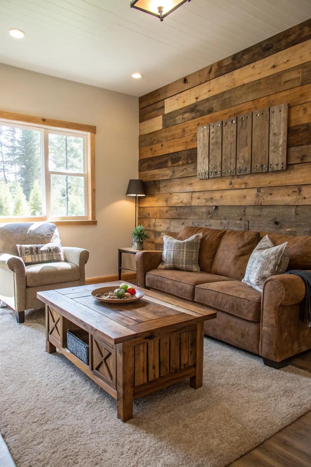 Living space showcasing repurposed timber furnishings and a feature wall.