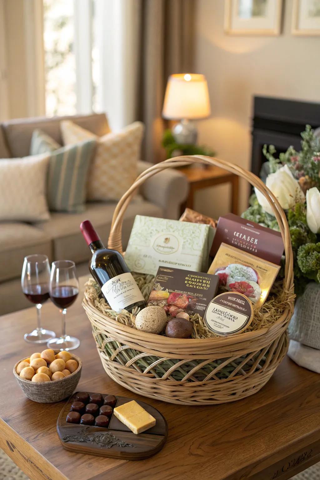An Easter basket filled with gourmet delicacies, perfect for the refined palate.